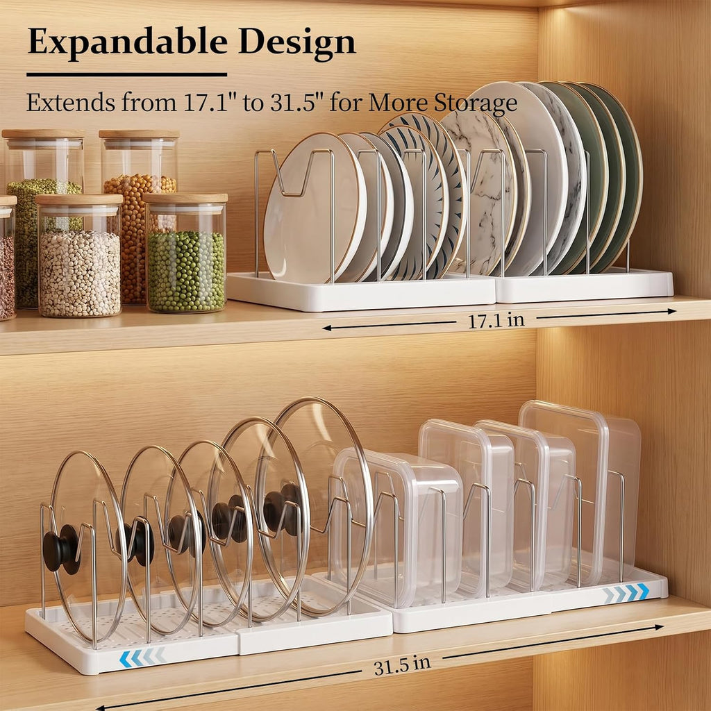 2 Pack Expandable Pots and Pans Organizer Under Cabinet, Foldable Kitchen Cabinet Organizer with 12 Adjustable Dividers, 31" Cookware Rack for Pots, Pans, Pot Lids, Cutting Boards & Bakeware