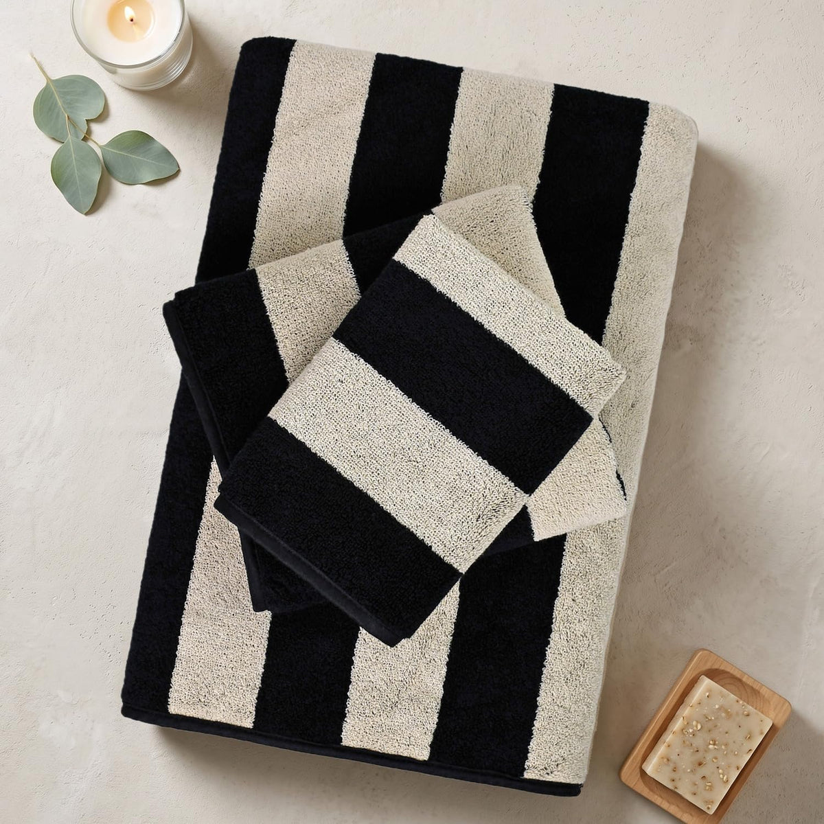 Black Striped Towels Set for Bathroom, 8 Piece Cotton Towels