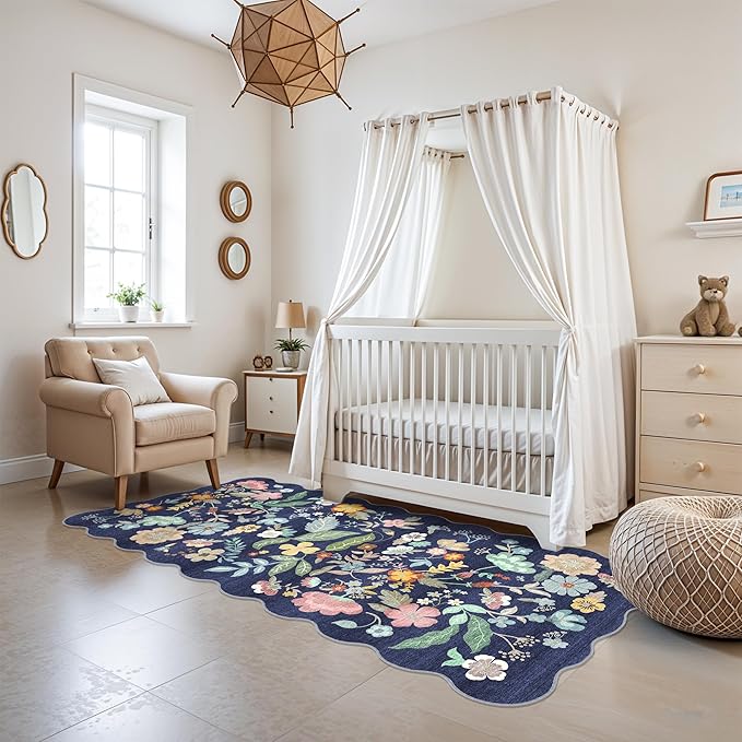 Washable 3x6 Hallway Runner Rug: Low-Pile Floral Scalloped Entryway Runners - Image 2