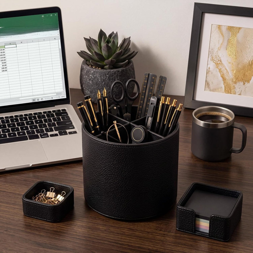 4 Pcs Aesthetic PU Leather Desk Organnizer Set, Black