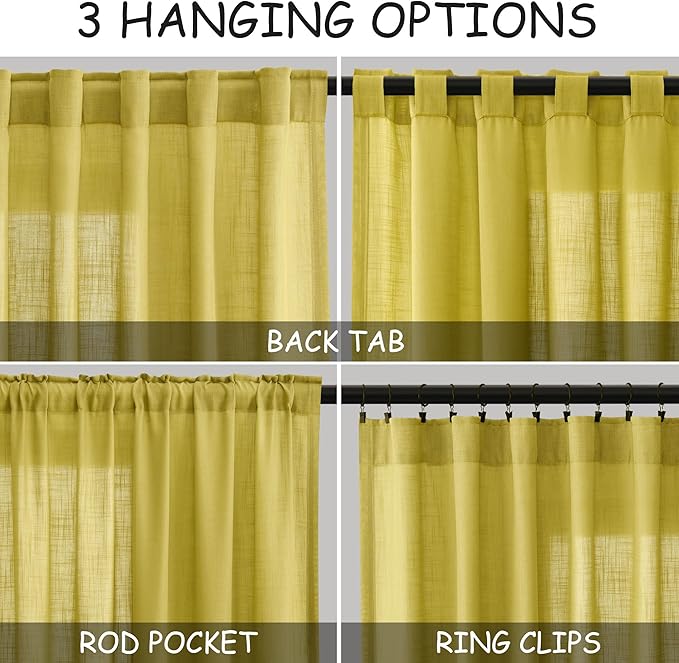 Nanspring Celery Yellow Linen Curtains 84 Inch Length 2 Panels Set - Image 2