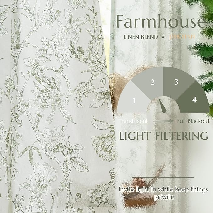 jinchan Floral Curtains 90 Inch Length Sage Green Flower Linen Farmhouse Curtain - Image 3