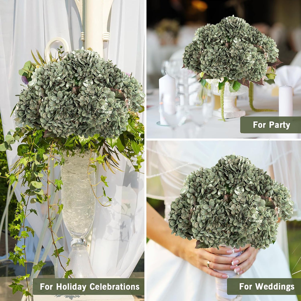 Hydrangea Artificial Flowers,Green Artificial Flower Fake Silk Hydrangea, Heads Bouquet with Stems Bulk for Fall Decoration Table Center Indoor Outdoor Faux Floral Plants 8pcs (Green)