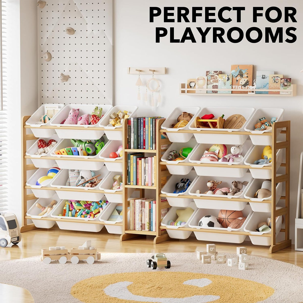 SpaceAid Large Toy Storage Organizer with 24 Bins and 3 Shelves, Toy Organizers Storage Bookshelf, Kids Bin Shelf Box Bookcase for Bedroom Playroom Organization Room Decor, White