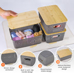 Ohmlove 6 Pack Plastic Storage Baskets with Bamboo Lids for Organization