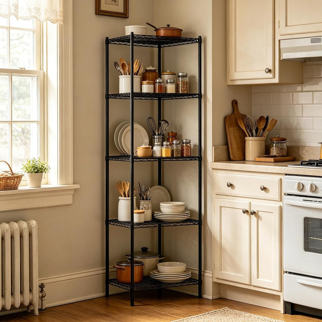 Wire Storage Standing Shelf Rack Tower, Corner Metal Shelving Unit with Adjustable Shelves, Space-Saving Organizer for Garage, Kitchen, Bathroom, 18 * 18 Inch