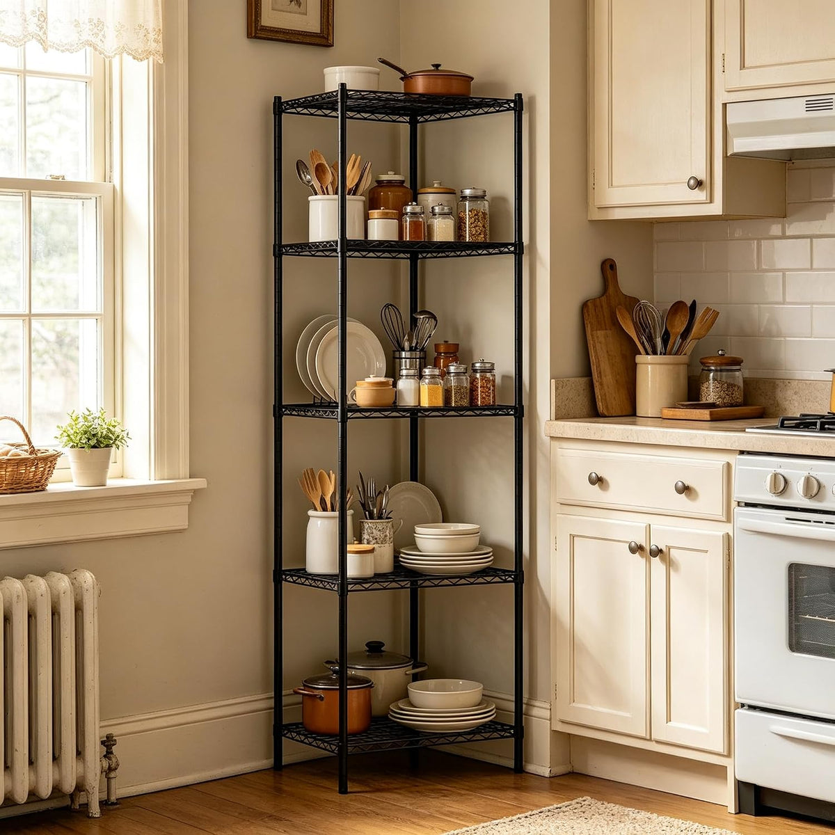 Wire Storage Standing Shelf Rack Tower, Corner Metal Shelving Unit with Adjustable Shelves, Space-Saving Organizer for Garage, Kitchen, Bathroom, 18 * 18 Inch
