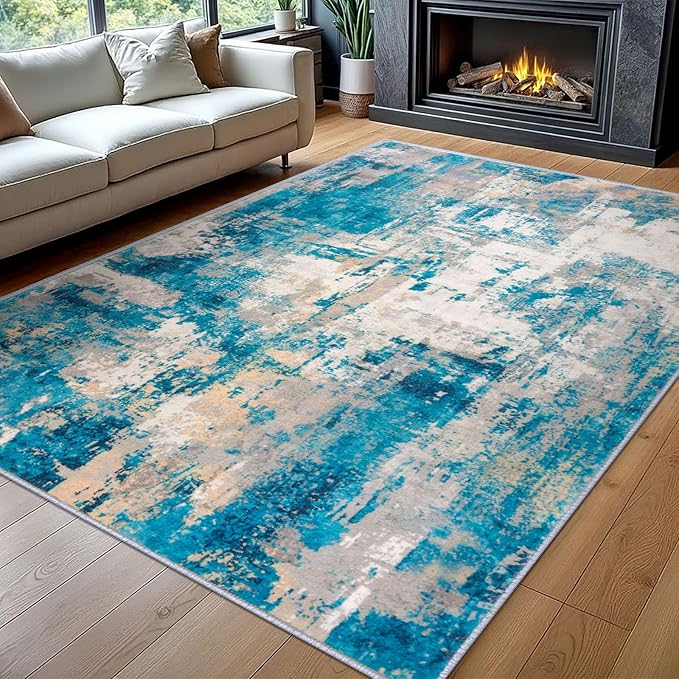 KOZYFLY Modern Abstract Area Rugs 8x10 Turquoise/Beige/Grey/Yellow Machine by KOZYFLY