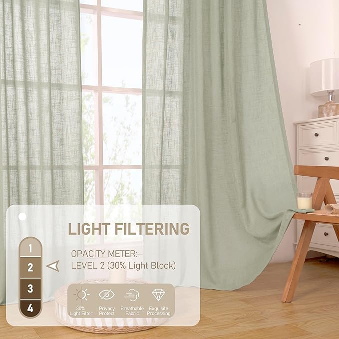 LAMIT Sage Grey Sheer Linen Curtains 63 Inch - Image 4