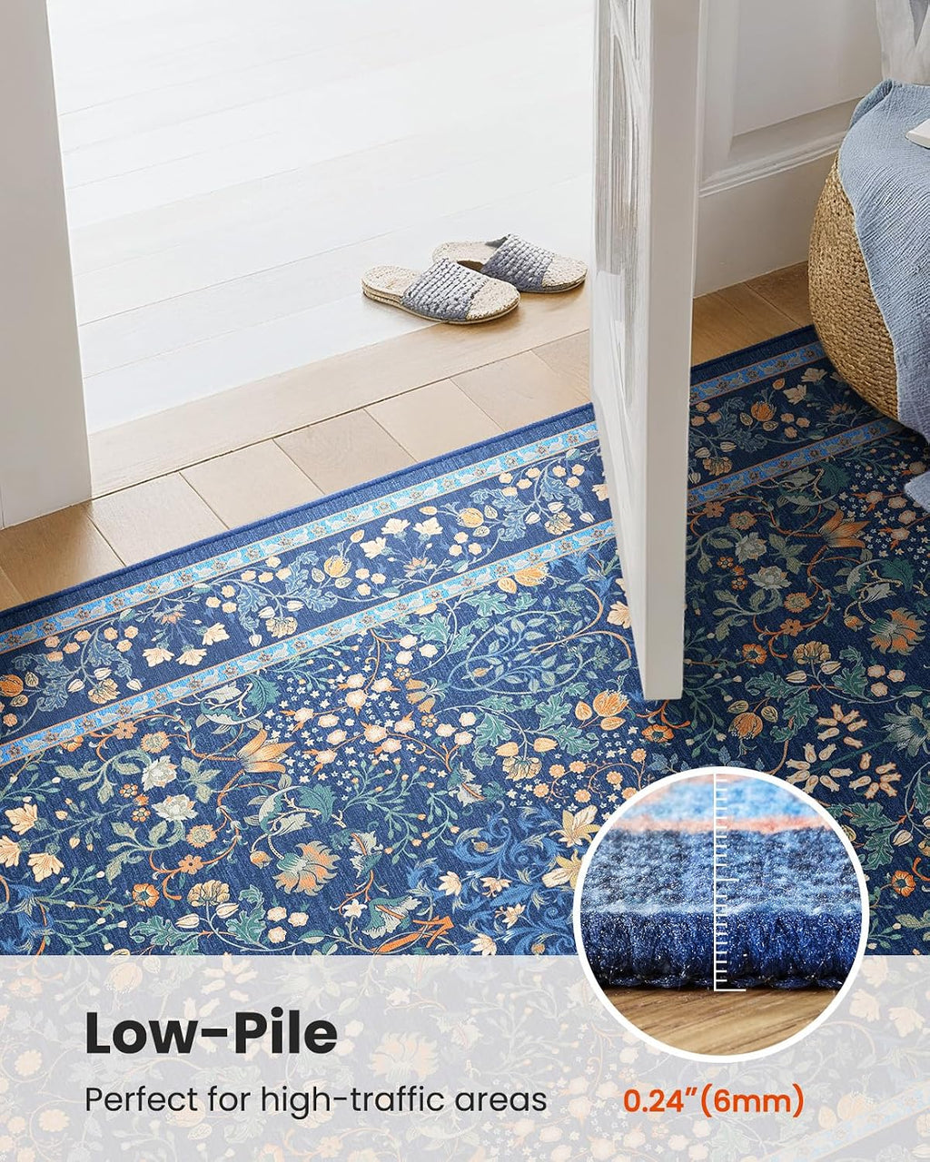 Amada Floral Washable Area Rug,5'x7',Dark Blue