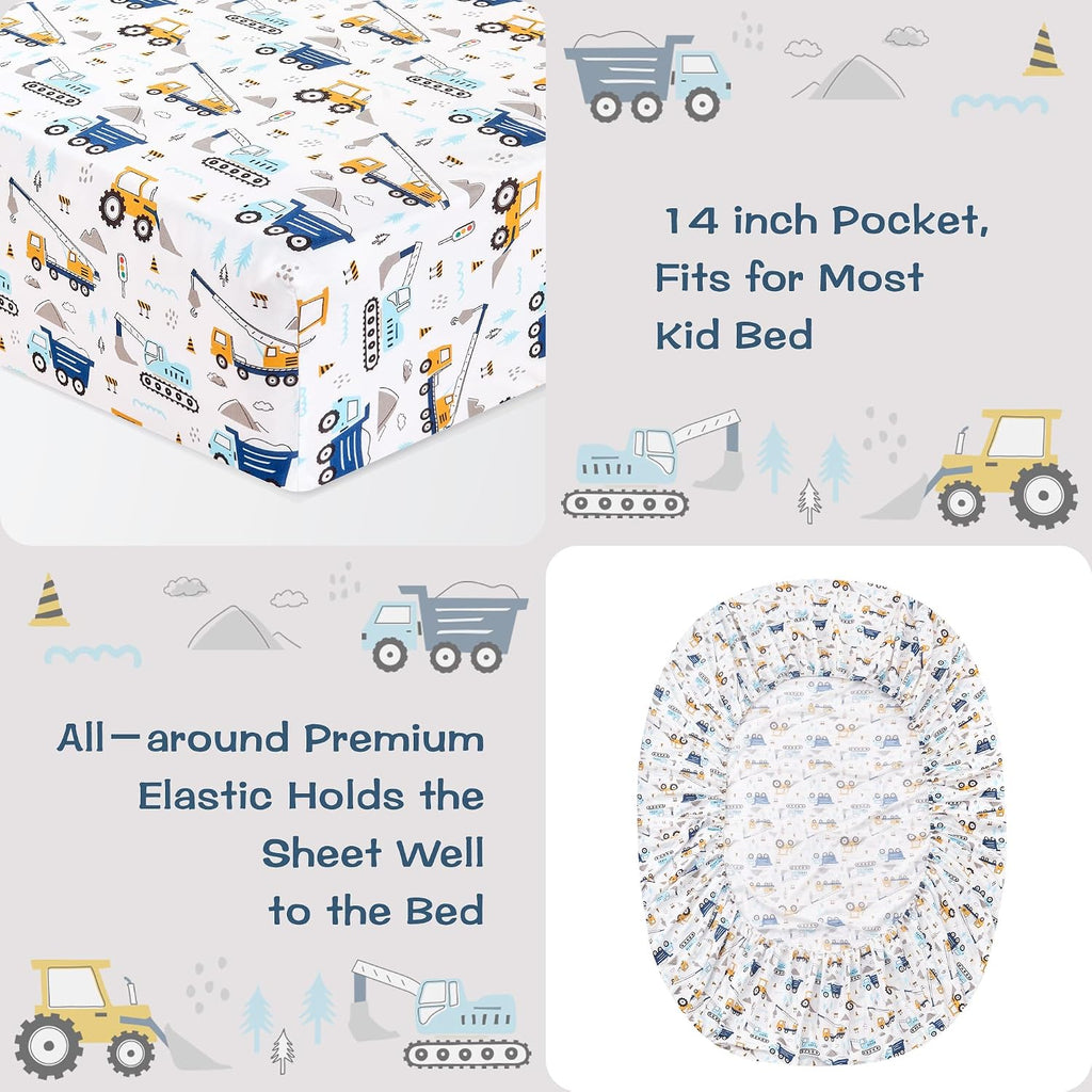 lasoftan Kids Sheet Set Twin Size 3 Pcs, Boys Sheet Set with Blue Excavator Car Pattern，Kids Boys Twin Fitted Sheet，Breathable & Silky Soft Microfiber Fitted Sheet