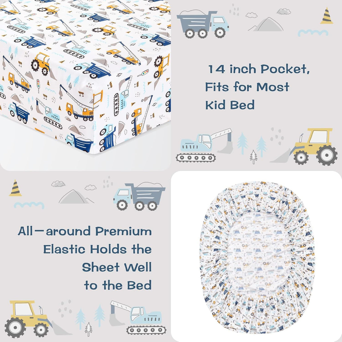 lasoftan Kids Sheet Set Twin Size 3 Pcs, Boys Sheet Set with Blue Excavator Car Pattern，Kids Boys Twin Fitted Sheet，Breathable & Silky Soft Microfiber Fitted Sheet