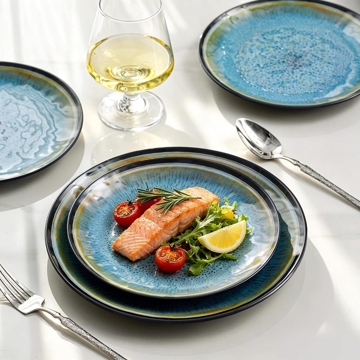 Melamine Dinnerware Sets, 12 Pcs Plates and Bowls for 4, Blue and Black