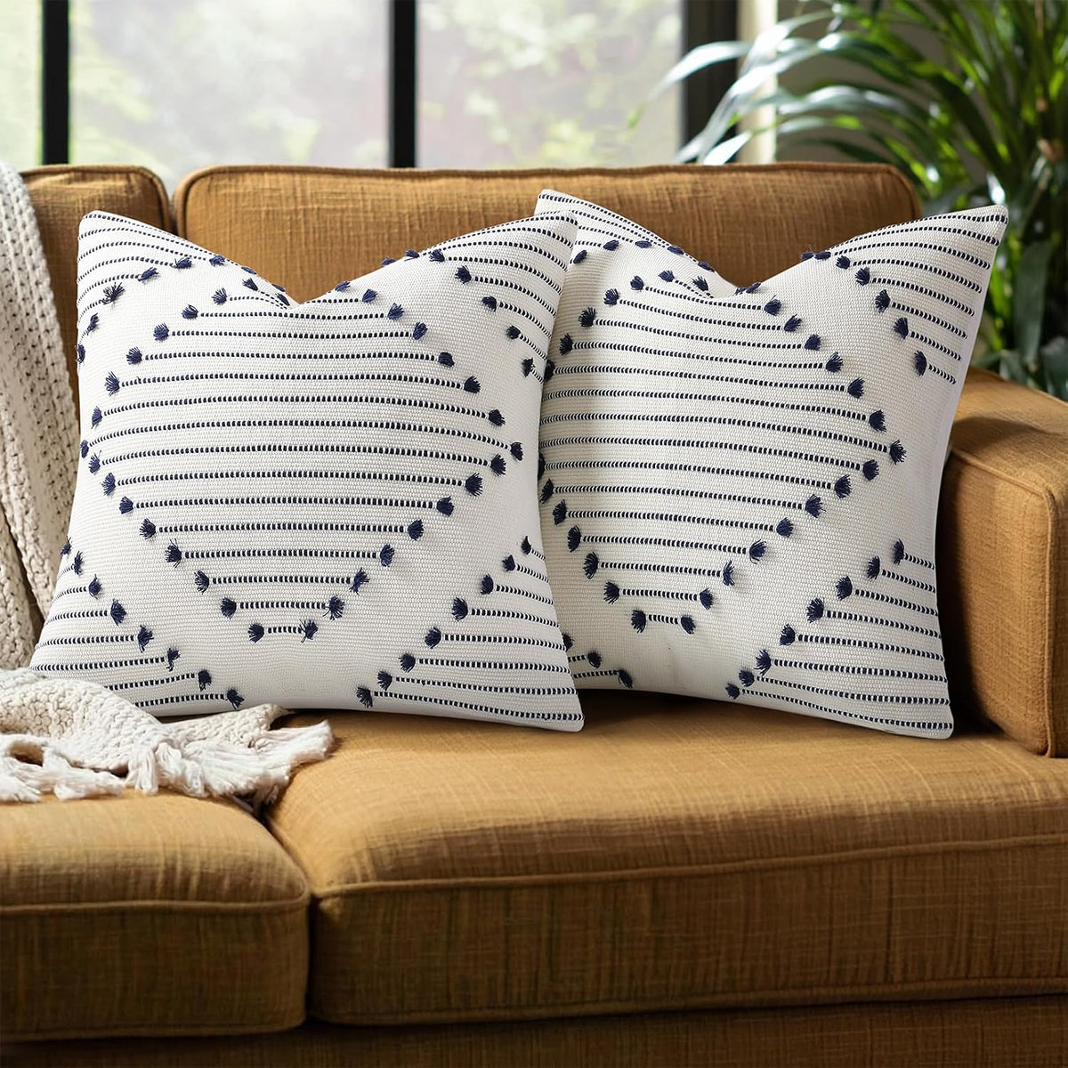 Mecatny Boho Outdoor Throw Pillow Covers 18x18 Set of 2 Navy & Cream White