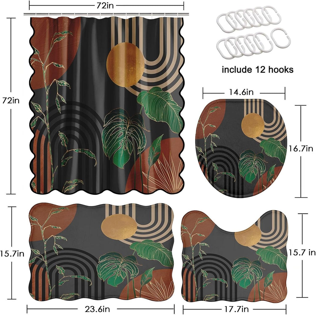 Scalloped Bathroom Sets with Shower Curtain and Rugs, Boho Retro