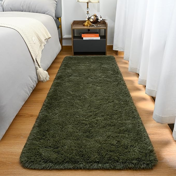 Goideal Fluffy Runner Rug for Bedroom Living Room, 2x6 Olive Green Bedside Rugs by Goideal