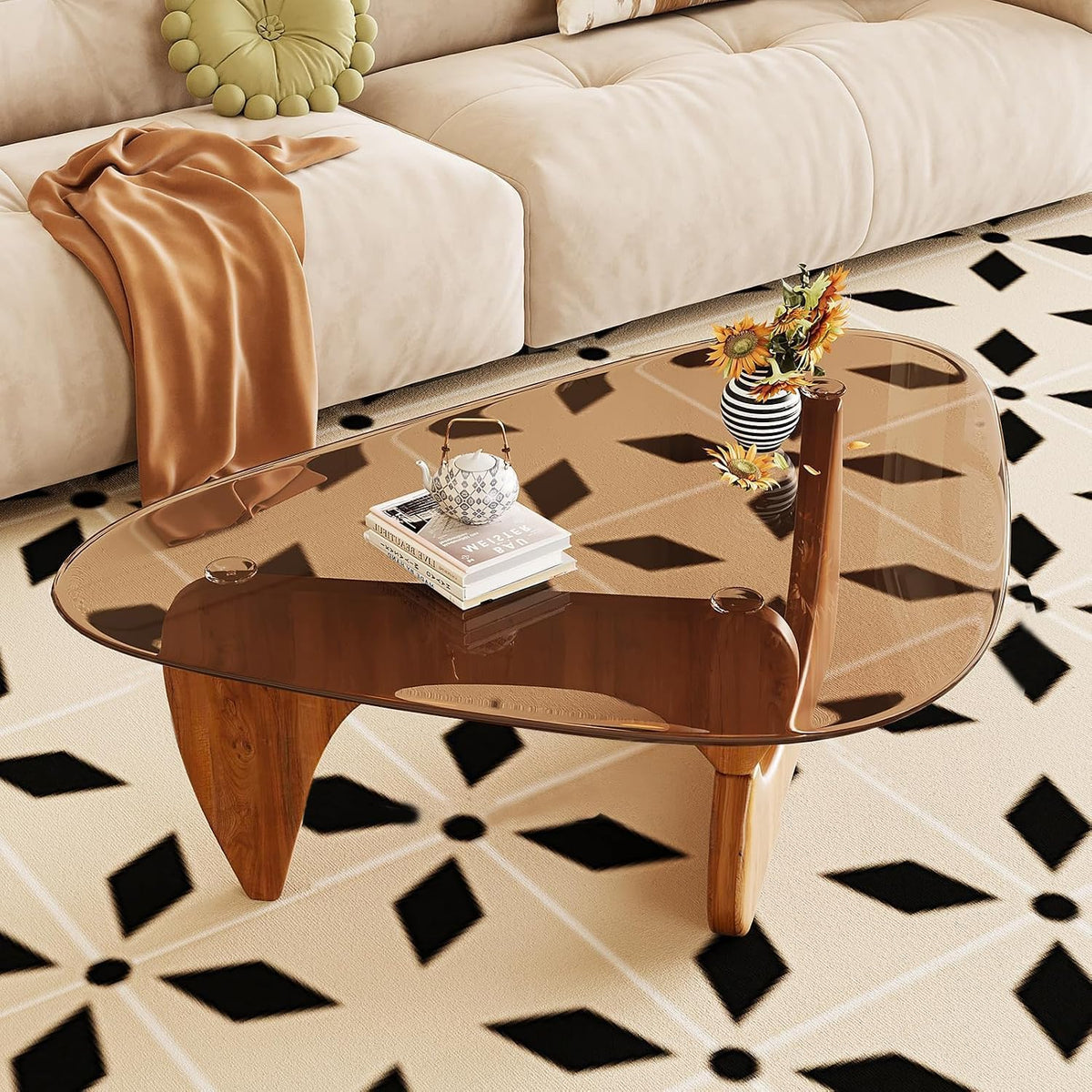 Coffee Table for Living Room Mid Century Modern Center Table with Glass Top and Wood, 32 Inch, Brown/Walnut