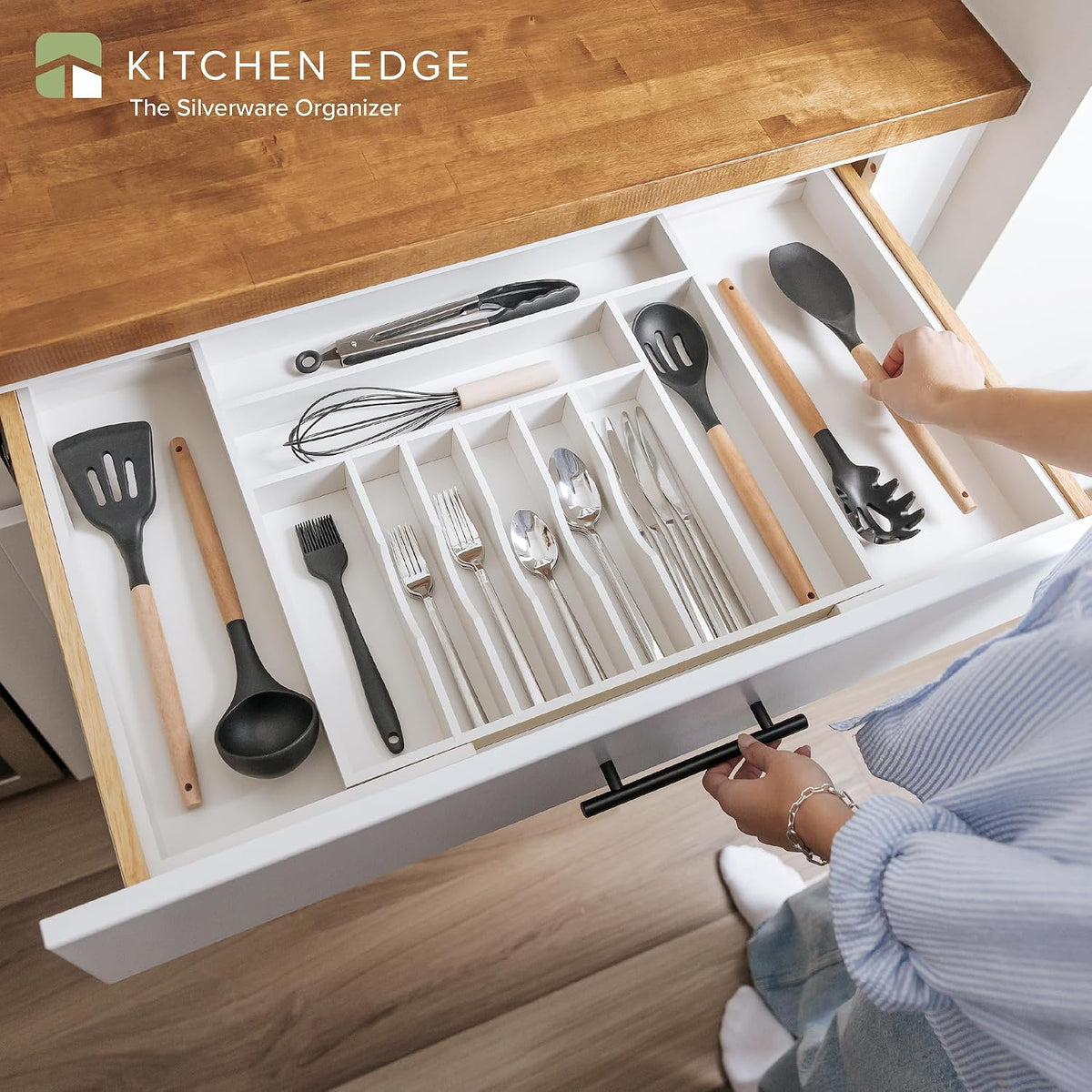Silverware & Utensil Drawer Organizer, 18-33 in, White Bamboo