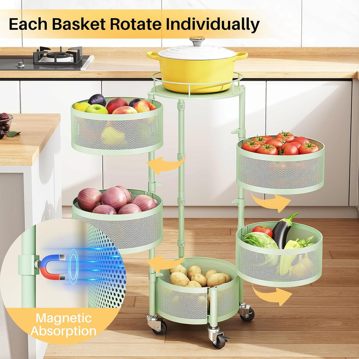 SNTD 5-Tier Fruit and Vegetable Basket Bowls for Kitchen, Rotating, Green