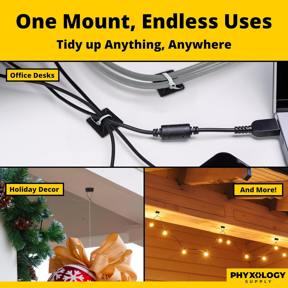 Zip Tie Adhesive-Backed Mounts 100Pk. Professional-Grade, UV Black Cable Tie Bases, 1.1 x 1.1. Screw-Hole Anchor Point Provides Optimal Strength for Long-Term Durability & Use and Clutter-Free Cables.