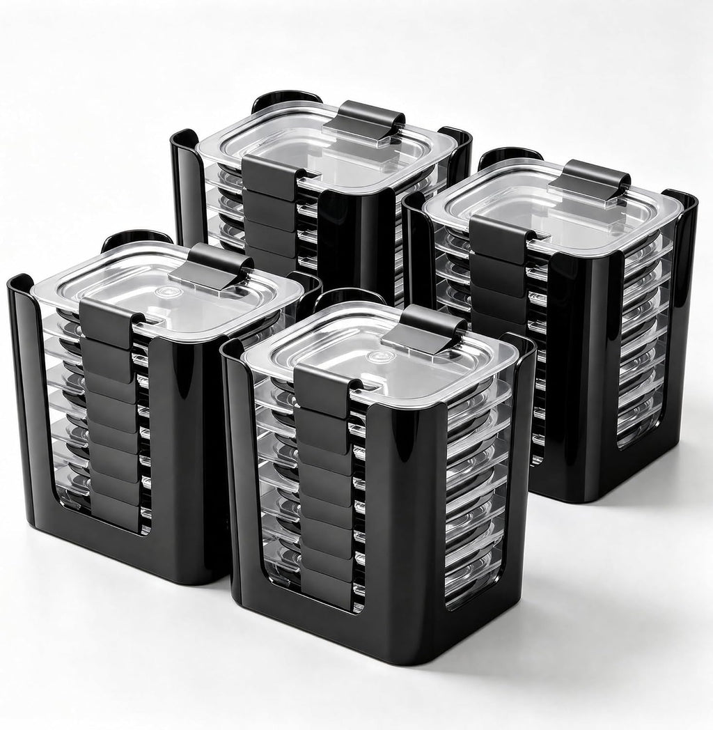 Food Container Lid Organizer for Rubbermaid Brilliance Lid, 3-Piece Lid Organizers for Cabinet, Holds 24 Snap-On Lids, Stackable Kitchen Cabinet Organizer for 0.5, 1.3, 3.2 & 4.7 Cup Lids, Black