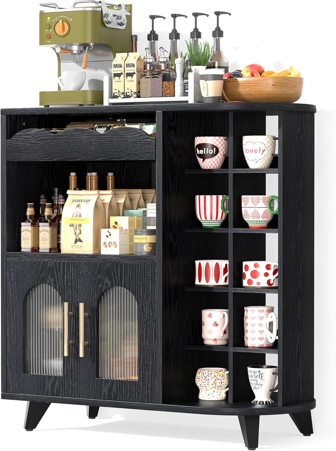 VINAEMO Coffee Bar Cabinet with 24-Cup Display, Large Drawer & Storage,Modern Buffet Sideboard for Kitchen, Medium Wooden Bar Station for Apartment，Walnut