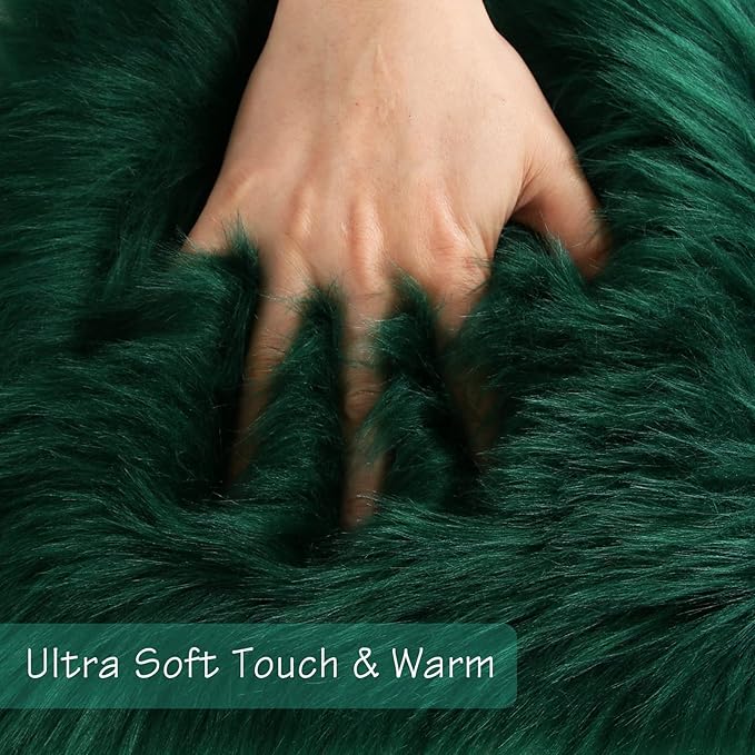 duduta Emerald Green Faux Sheepskin Round Rug 4x4 ft, Fluffy Shag Fur Bedroom - Image 4