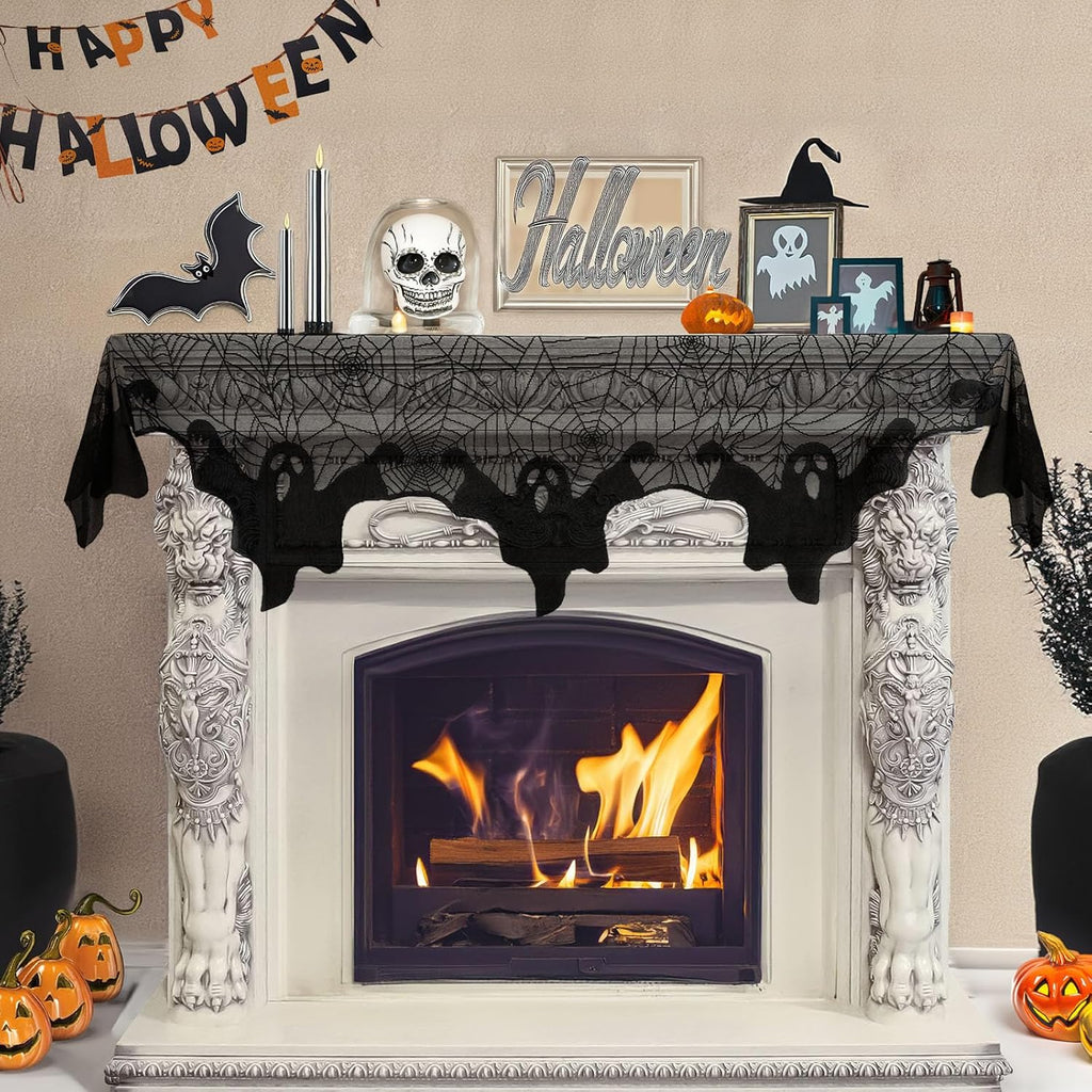 AerWo Halloween Decorations Indoor Fireplace Mantel Scarf, Black Lace Spiderweb Fireplace Cover for Halloween Mantle Decor Festive Party Supplies,20x79 inches