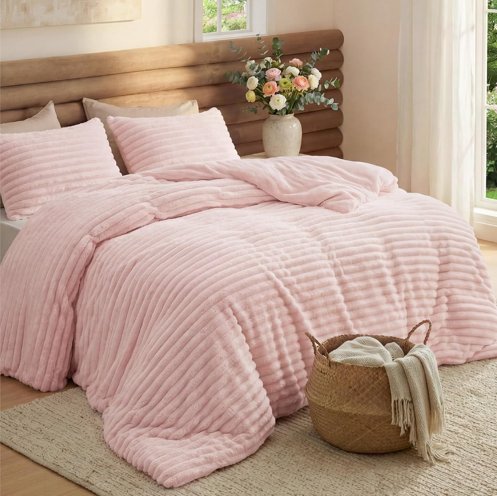 Bedsure Large Queen Fluffy Comforter Set, Cozy Fleece Pink Bedding