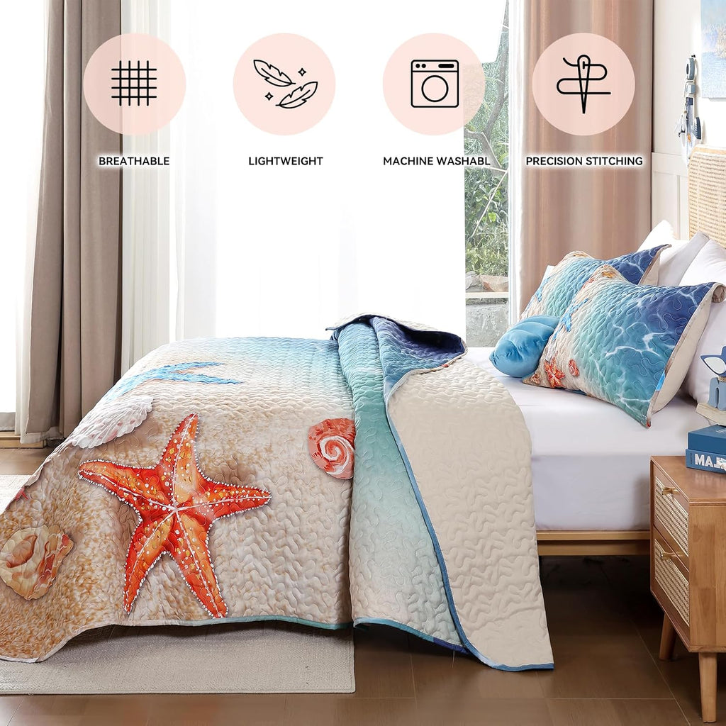 weigelia Coastal Quilt Queen Size, Beach Lightweight Summer Bedding