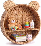 Bear Water Hyacinth Wicker Wall Shelf for Nursery, Rattan Shelf