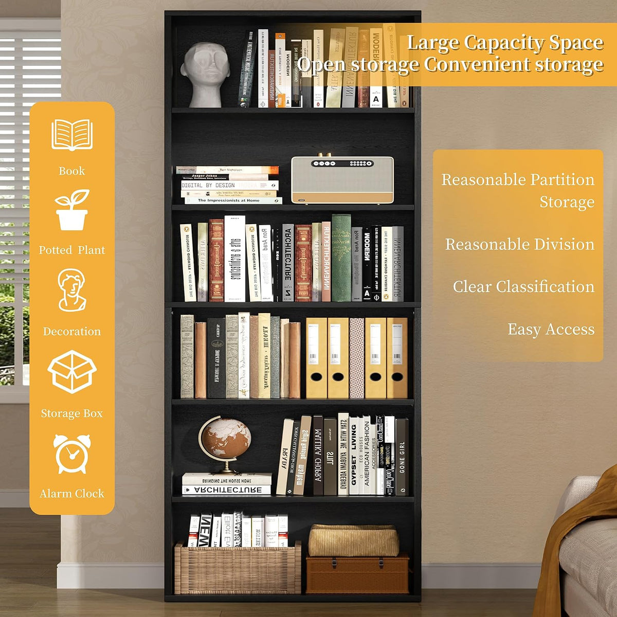 Shintenchi Bookshelf,6-Tier Open Bookcase and Bookshelves,6 Shelf Display Storage Shelves Floor Standing 70.6 inches Tall Bookcase for Home Office, Living Room (Black)