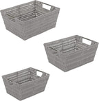 Simplify 3 Piece Set Woven Rattan Tote Baskets | Multi-Size | Handles | Storage & Organization | Toys | Bathroom Accessories | Home | Office | Dorm | Playroom | Closet | Grey