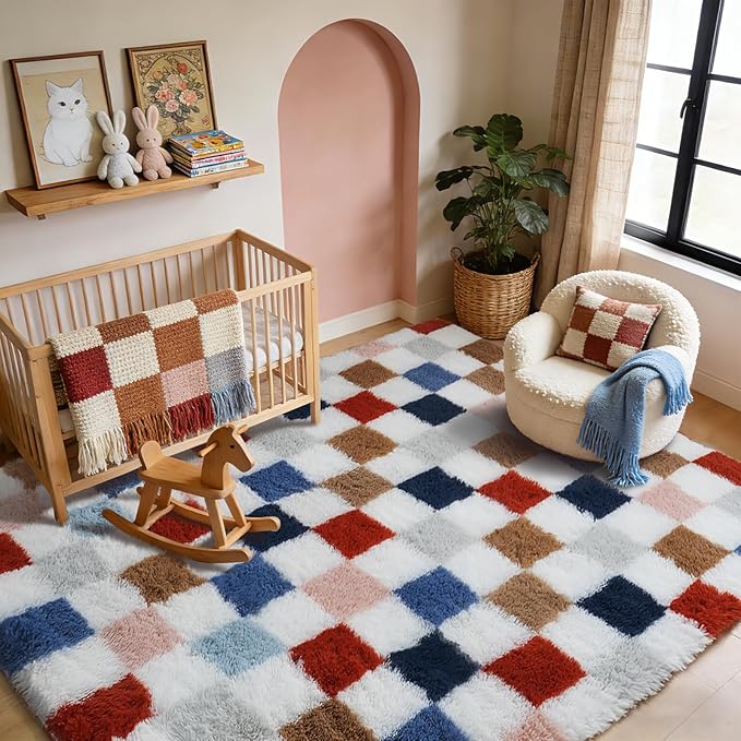 Shag Area Rug for Bedroom Living Room, 5x8 Fluffy Soft Colorful Checkered Rug - Image 5