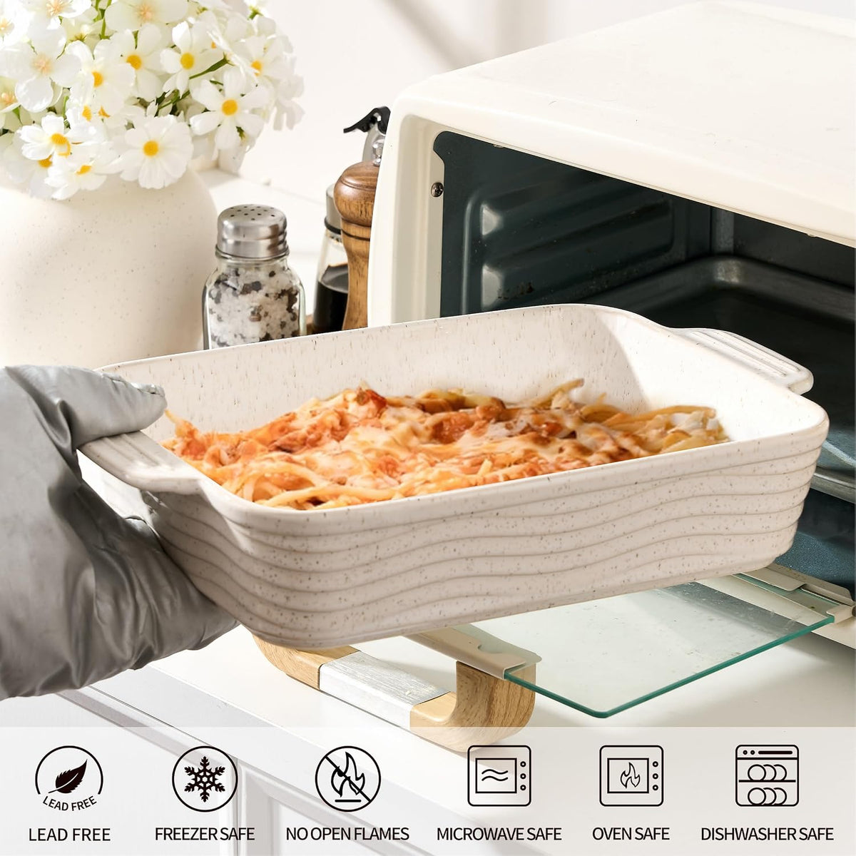 Ceramic Baking Dish Set of 3, Casserole Dishes for Oven, Rectangular Porcelain Bakeware Set with Handles, Lasagna Baking Pan for Cooking, Perfect for Baking and Serving, Housewarming, Halloween, Thanksgiving, Christmas, New Year-Reactive White