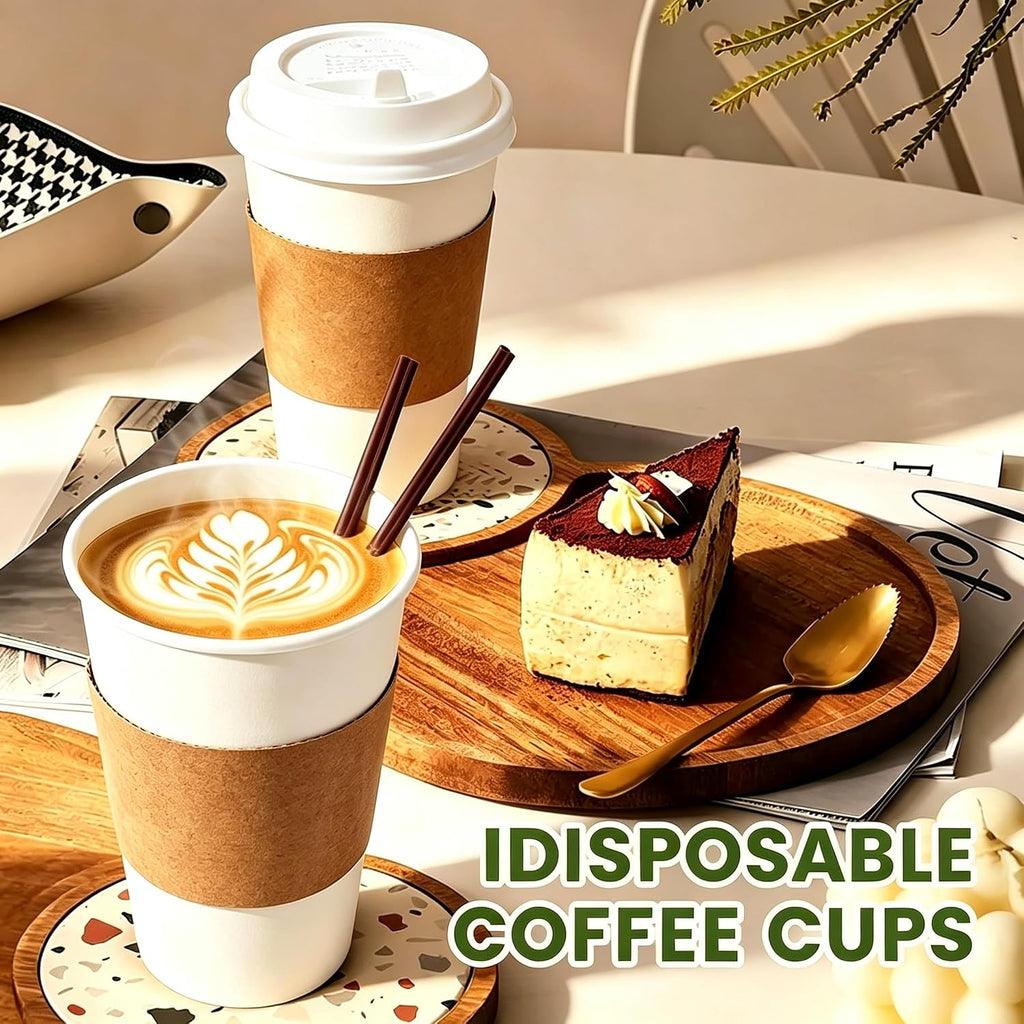 16 oz coffee cups with lids 100 Pack,disposable coffee cups with lids,Sleeves, and Stirrers,Hot/Cold Beverage Drinking Cup for Water, Juice or Tea, Suitable for Home, Shops and Cafes