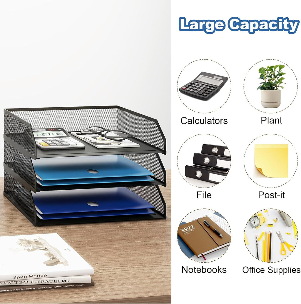 3-Tier Stackable Metal Mesh Paper Organizer with Sliding Tray,Black