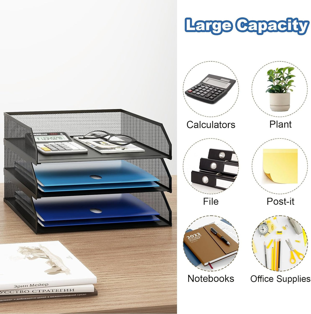3-Tier Stackable Metal Mesh Paper Organizer with Sliding Tray,Black