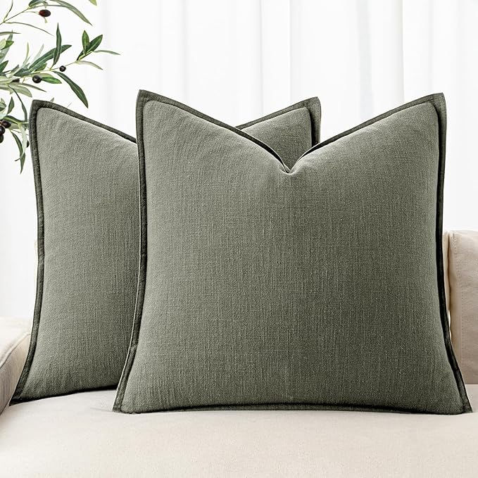 MIULEE Decorative Linen Pillow Covers 20x20 Inch Olive Green ​Boho Farmhouse by MIULEE