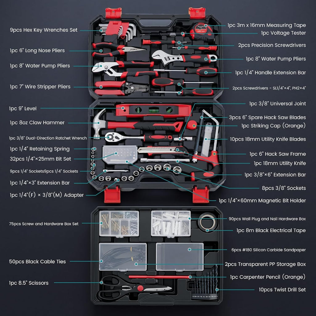 OLIXIS 330 Piece Home Repair Tool Kit with Pull-Out Drawer, Carbon & Cr-V Steel Tool Box, Complete Homeowners Repair Kit for DIY & Auto Maintenance for Home, Black-Red