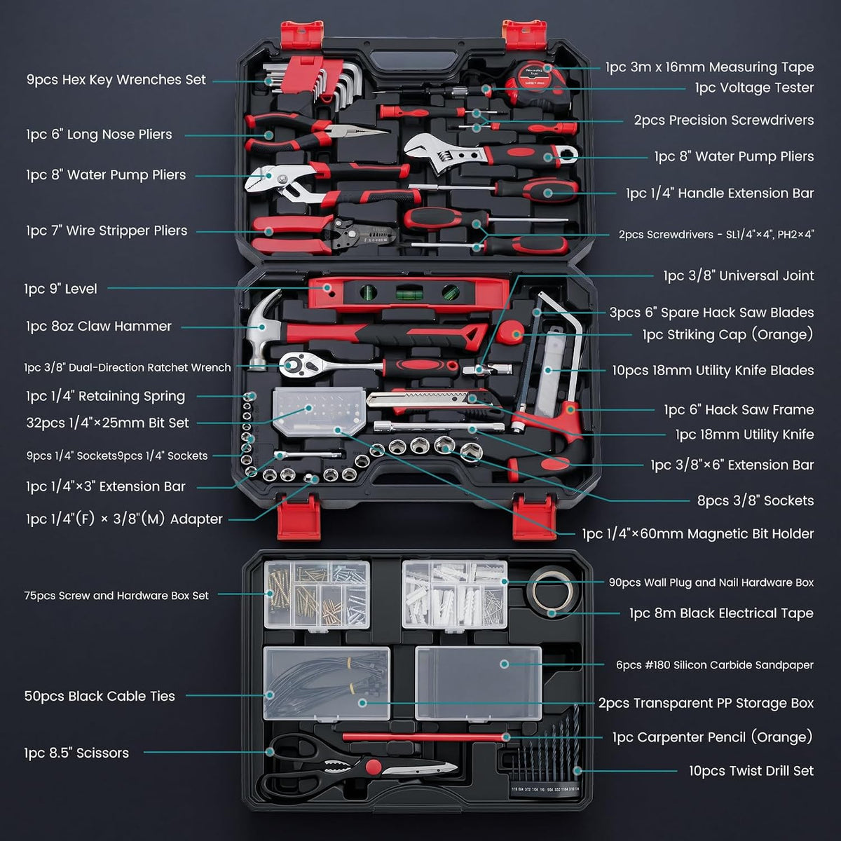 OLIXIS 330 Piece Home Repair Tool Kit with Pull-Out Drawer, Carbon & Cr-V Steel Tool Box, Complete Homeowners Repair Kit for DIY & Auto Maintenance for Home, Black-Red