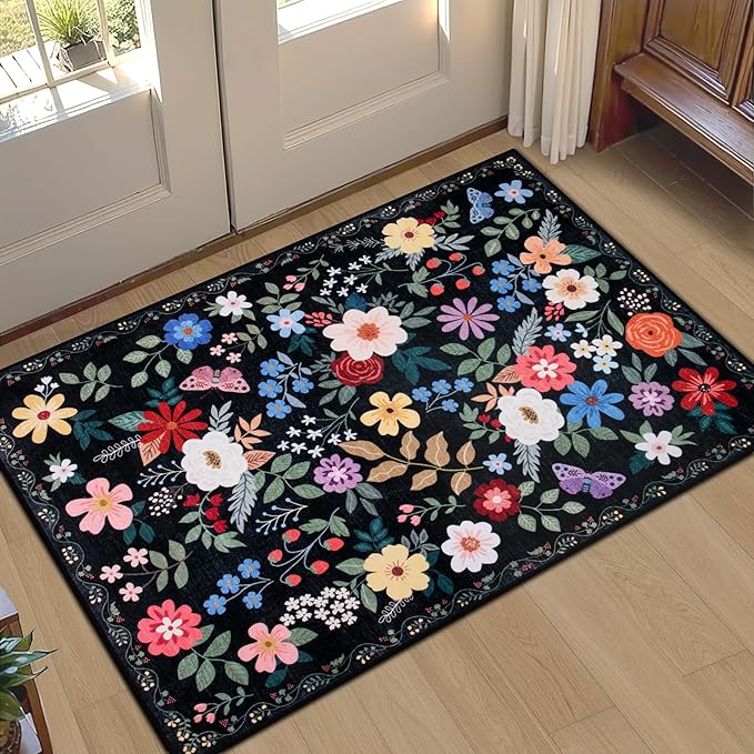 Entryway Rug 2X3 Small Rugs: Floral Washable Door Mat Vintage Soft Low Pile by PLHXFRSoftAreaRugs