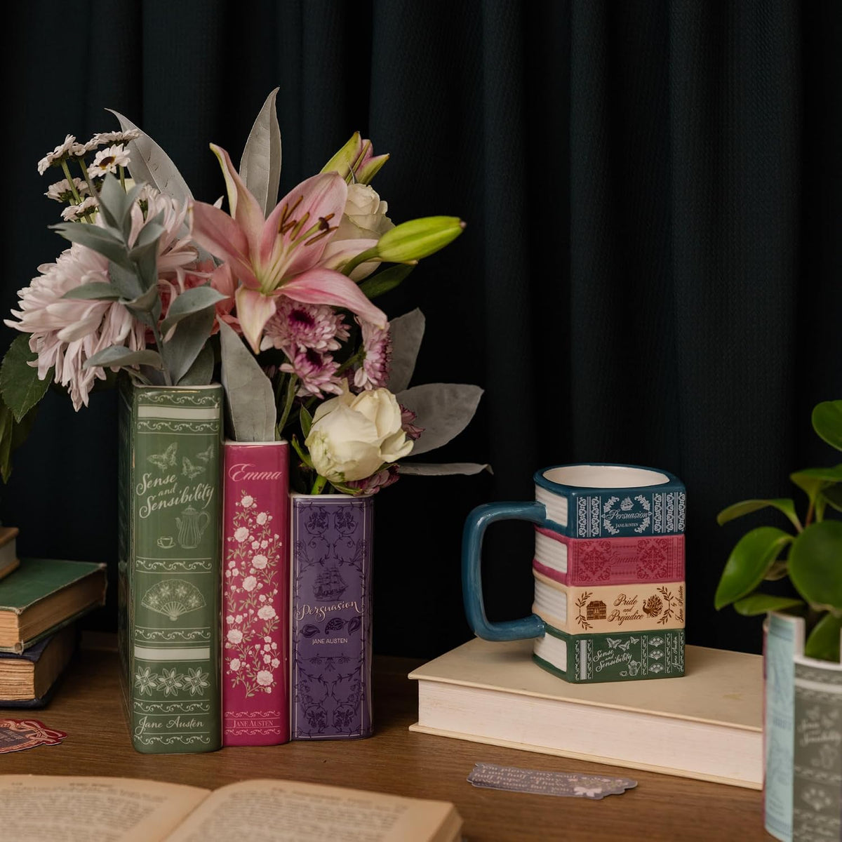 Steel Mill & Co. Triple Book Stack Ceramic Vase, Jane Austen Titles