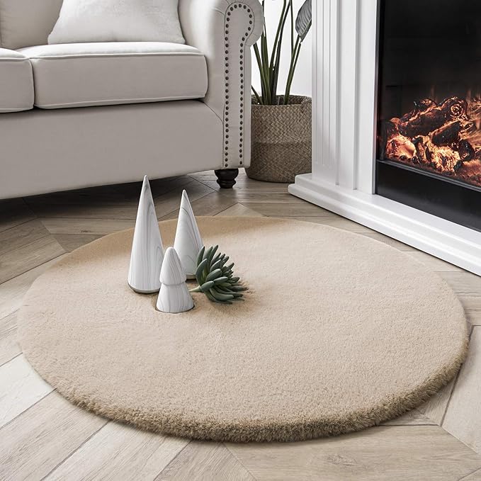 Ashler Faux Fur Rug, Ultra Soft Faux Rabbit Fur, 3 x 3 Feet Round, Machine by AshlerHomeDeco