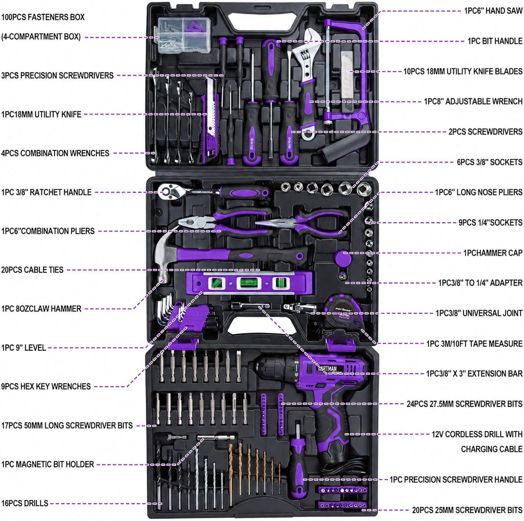 CARTMAN 260-Piece Tool Set With 12V Cordless Drill, Purple Drawer Tool Box