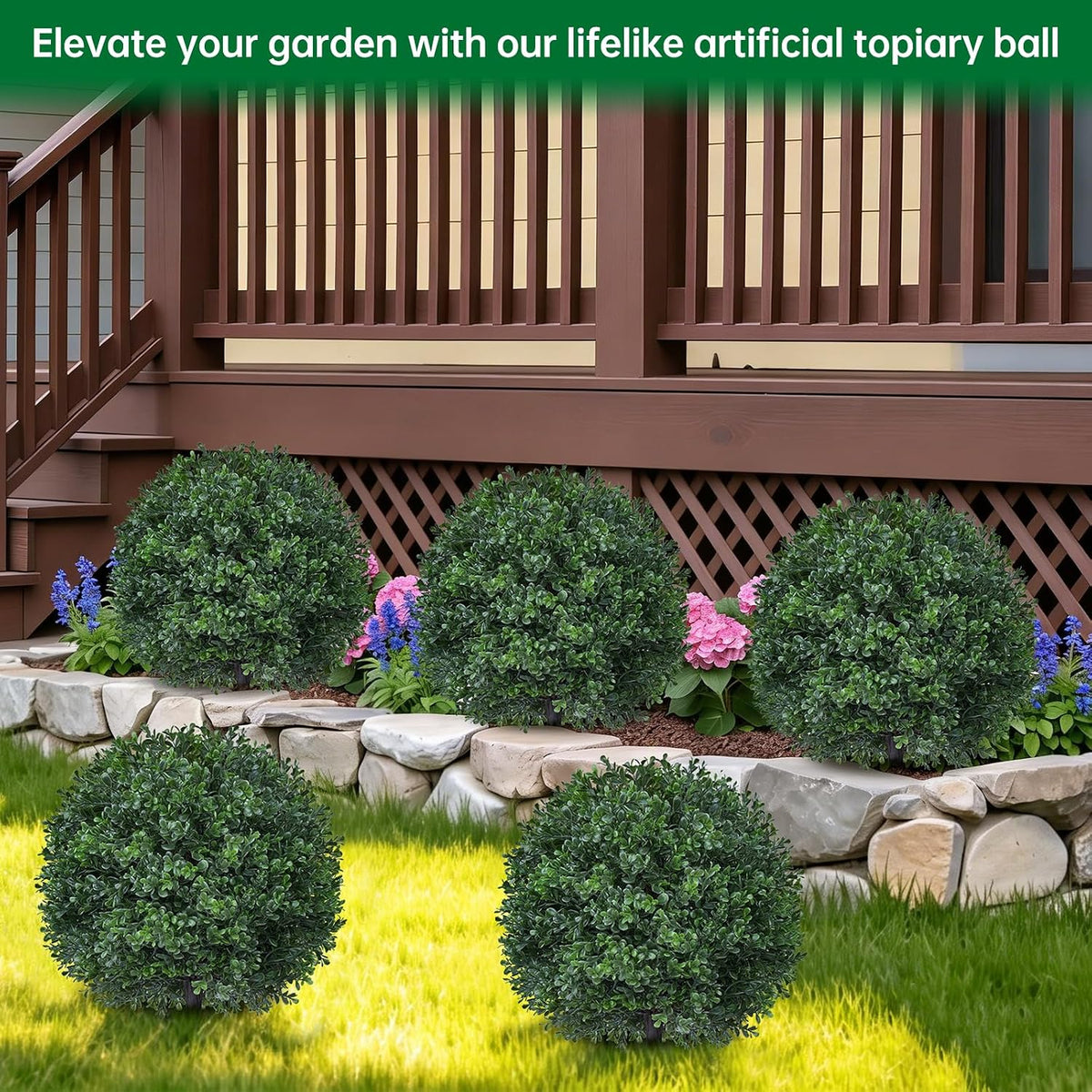 Grooy Artificial 2 Pack Boxwood Topiary Plant with Spike for Outdoor