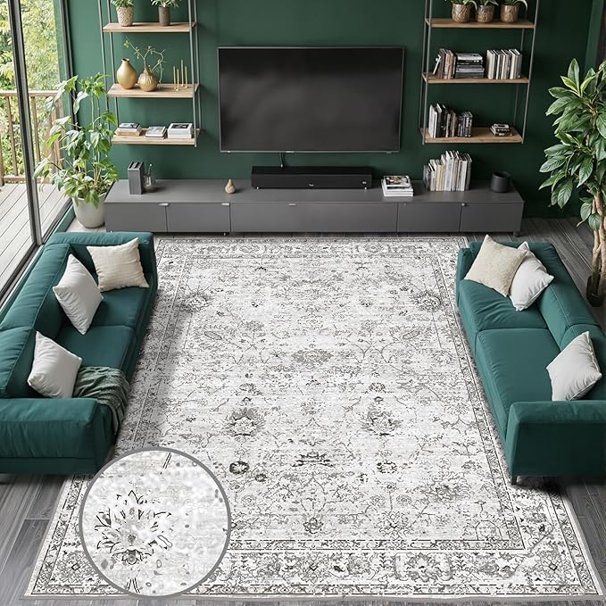 Grey White Area Rugs 10x14 Living Room, Non Slip Machine Washable Floral Rugs - Image 2