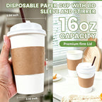 16 oz coffee cups with lids 100 Pack,disposable coffee cups with lids,Sleeves, and Stirrers,Hot/Cold Beverage Drinking Cup for Water, Juice or Tea, Suitable for Home, Shops and Cafes