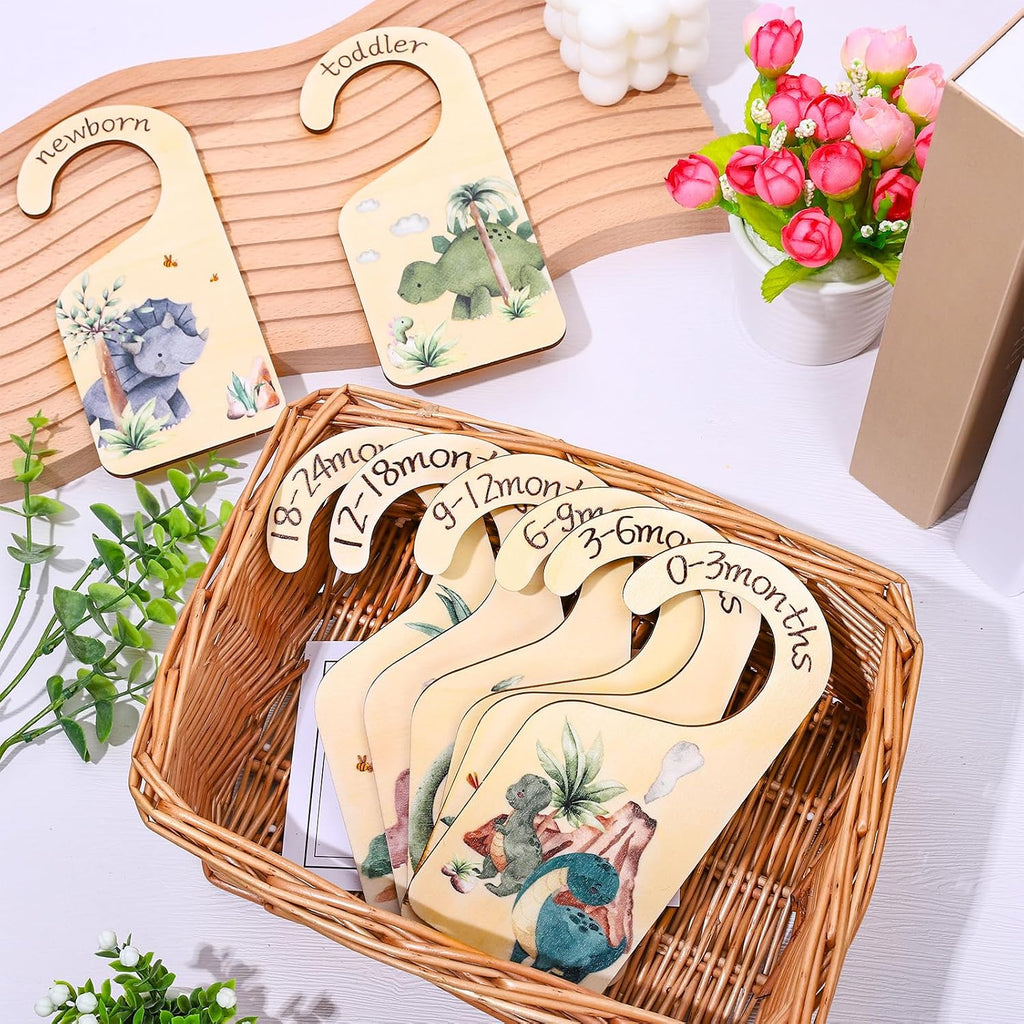 Whaline 8Pcs Baby Closet Size Dividers Dinosaur Hanging Wooden Baby Closet Organizer Newborn to 24 Months Thicken Infant Wardrobe Organizer for Home Nursery Bedroom Decor