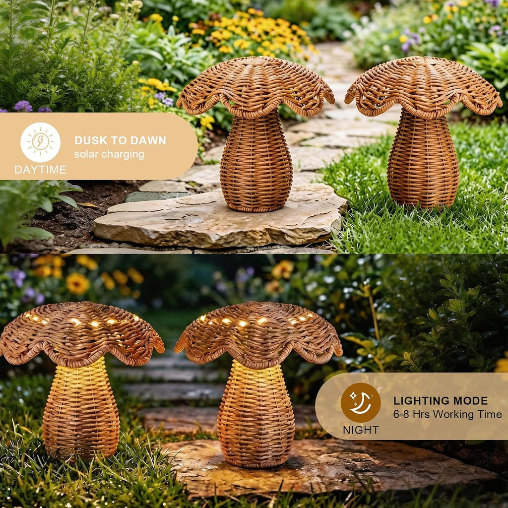 2 Pack Solar Mushroom Rattan Lanterns, 9’’ Handmade Wicker Lamp Mushroom Lights for Indoor Outdoor, Solar Outdoor Lamp Solar Lanterns for Table Deck Yard Patio Walkway Porch, Home Decor, Boho Decor